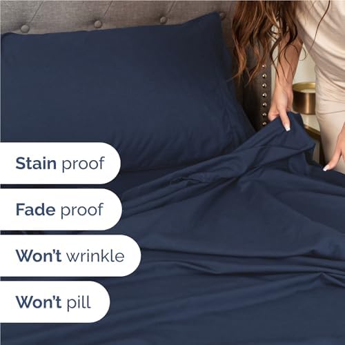 Full Size 4 Piece Sheet Set - Comfy Breathable & Cooling Sheets - Navy Blue