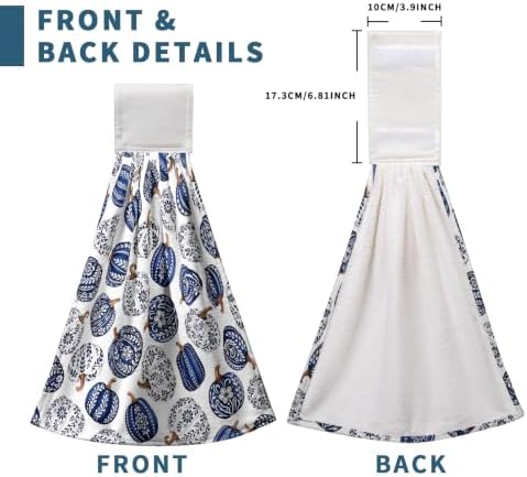 Fall Blue White Pumpkin Kitchen Towels with Hanging Loop Autumn Thanksgiving Chinoiserie Pumpkins Hanging Hand Towels Set of 2 Seasonal Dish Tie Towel Soft Absorbent Bath Towel