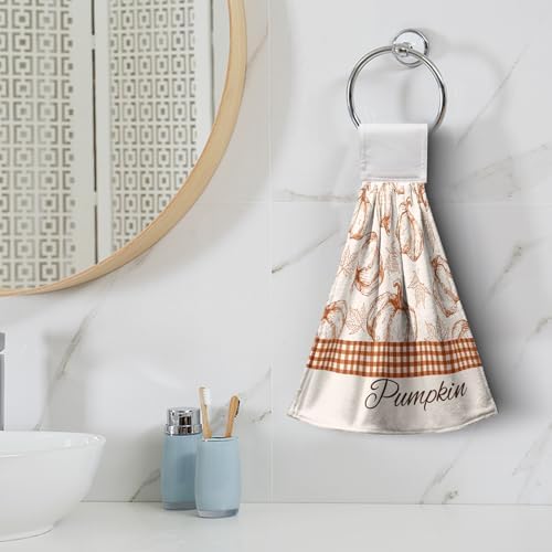 Hello Fall Pumpkin Kitchen Hanging Towels Set of 2 Autumn Maple Leaves Orange Hand Towel with Hanging Loop Seasonal Thanksgiving Fingertip Bath Towels Soft Absorbent Dish Tie Towel
