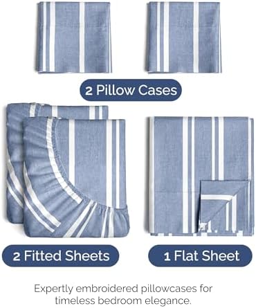 Split King Size 5 Piece Sheet Set - Breathable & Cooling - Blue Stripes