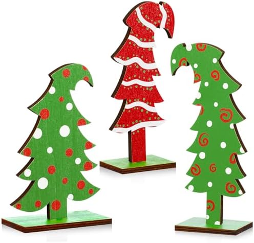 Meooeck 3 Pack Whimsical Wood Christmas Tree Lime Green Tabletop, Lines