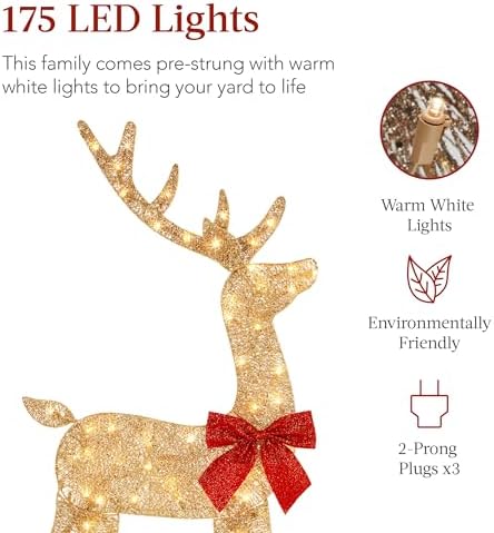 Best Choice Products 4ft 3-Piece 2D Lighted Christmas Deer Family Set, Large Outdoor Yard Reindeer Holiday Decoration with 175 LED Lights, Stakes, Zip Ties - Gold