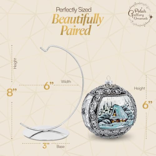Hand Blown Glass Christmas Ornaments Ball, Winter Charm Silver 6 in + Stand