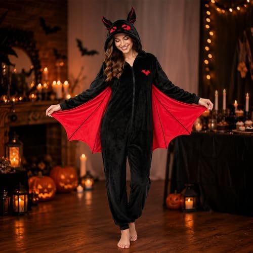 Adult Bat Costume Pajamas Flannel Hooded Onesie with Wings for Halloween