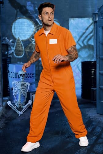 Arvilhill 6 Pcs Men's Prisoner Costume Orange Jumpsuit Outfit for Halloween