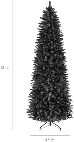 Best Choice Products 12ft Black Artificial Holiday Christmas Pencil Tree for Home, Office, Party Decoration w/ 1,800 Tips, Metal Hinges & Base