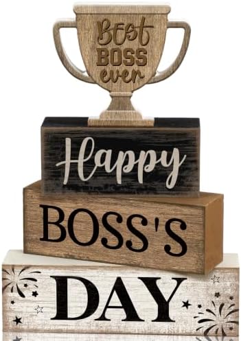Moucuny 4 Pcs Boss Day Table Decorations Rustic Trophy Wooden Blocks Decor