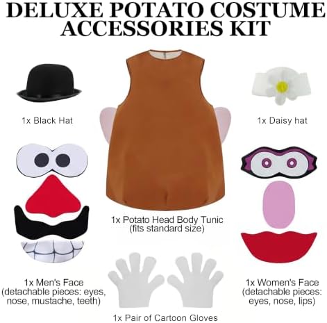 Mr/Mrs Potato Costume Cartoon Funny Halloween Couples Cosplay Tunic White Gloves Hat Detachable Parts Set for Adult