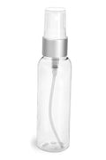 2 oz Clear PET Cosmo Round Bottles w/White Sprayers w/Brushed Aluminum Collars