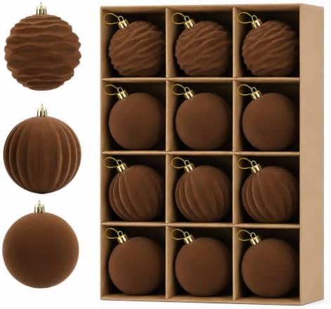 12Pcs Brown Velvet Christmas Ornaments 3.15In Balls for Christmas Tree Deco