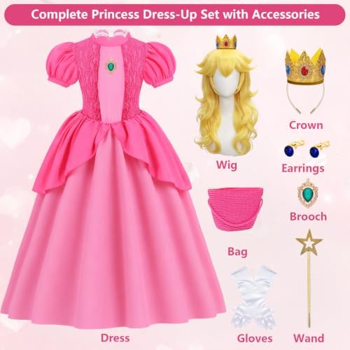 Kids Princess Costume Girls Pink Halloween Princess Dress with Accessories