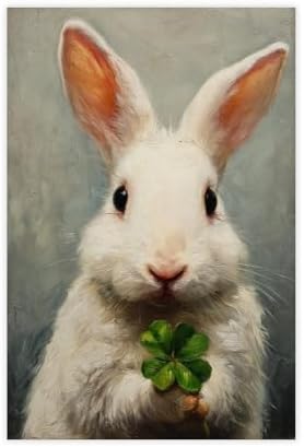 JDBeehpy Easter Rabbit (Unframed, Canvas Only) Canvas Mural Cute White Rabbit Clover Printing Spring Prints Oil Painting Art Style Green Festival Theme Art Prints 16x24inch(40x60cm)