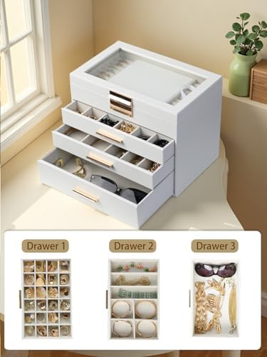 BOOVO Jewelry Boxes for Women, White and Black 6 Layer Large Jewelry Box for Necklace, Bracelet, Earrings, Rings Storage, Jewelry holder Organizer for Girls Gift (Clear White, 4 layer)