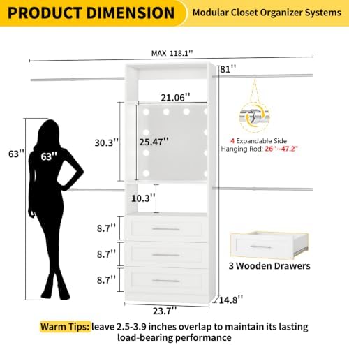 Fastgo Closet System with Drawers, 2FT-9.8FT Hanging Closet Organizer System with 4 Expandable Hanging Rods&Adjustable Shelves, Modular Closet Systems with Light & Mirror, White
