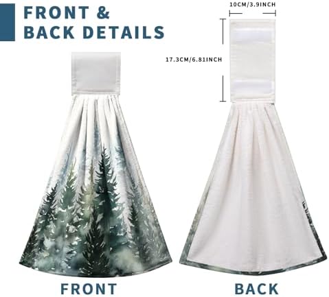 Watercolor Green Tree Hanging Hand Towels Christmas Pine Tree Kitchen Tie Towel Rustic Nature Forest Hand Towels with Hook Loops Winter Hanging Kitchen Towel Fast Drying Dish Tea Towels, 2pcs