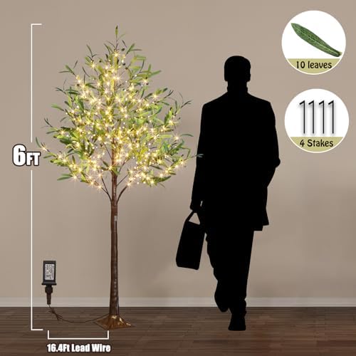 EAMBRITE Lighted Olive Tree Artificial Indoor, 6Ft Eucalyptus Tree with Fairy Lights, Light Up Artificial Plant Tree 300 LED Warm White for Christmas Halloween Room Wedding Outdoor Decorations