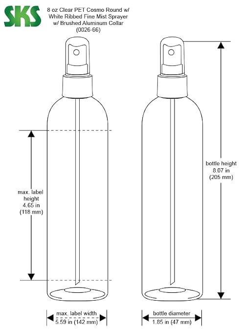 8 oz Clear PET Cosmo Round Bottles w/White Sprayers w/Brushed Aluminum Collars