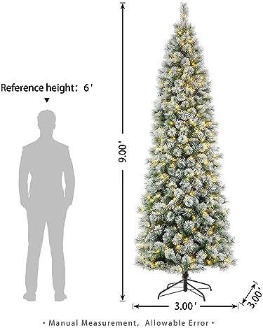 Glitzhome 9ft Prelit Christmas Tree, Flocked Pencil Artificial Christmas Tree with 500 Warm White Lights, Pine Christmas Trees w/Foldable Metal Stand for Home, Office, Party Decoration, Easy Assembly