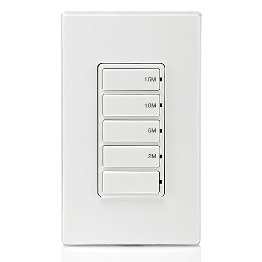 Leviton Countdown Timer Switch for bathroom fan and household lights, 2-5-10-15 min, No Neutral Required, Single Pole, 15A, 1/2 HP/9.8A Fan/Motor, DT115-1LW, White