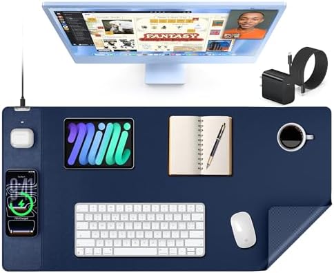 Mouse Pad with 15W Wireless Charging, XXL Large Leather Desk Mat, Blue
