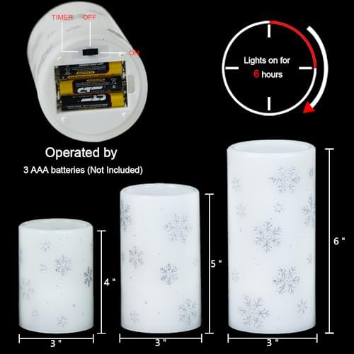 Silver Snowflake Flameless Candles Battery Operated with 6H Timer
