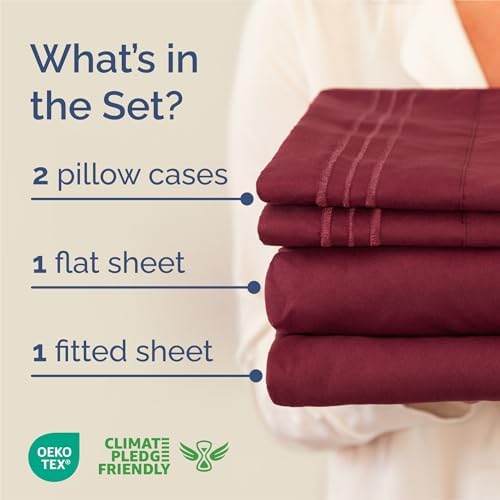 King Size 4 Piece Sheet Set - Comfy Breathable & Cooling Sheets - Burgundy