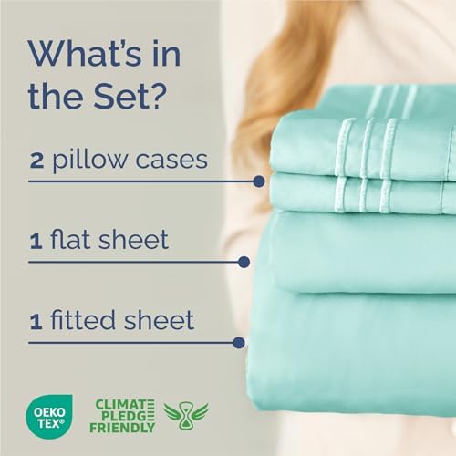 King Size 4 Piece Sheet Set - Comfy Breathable & Cooling Sheets - Spa Blue