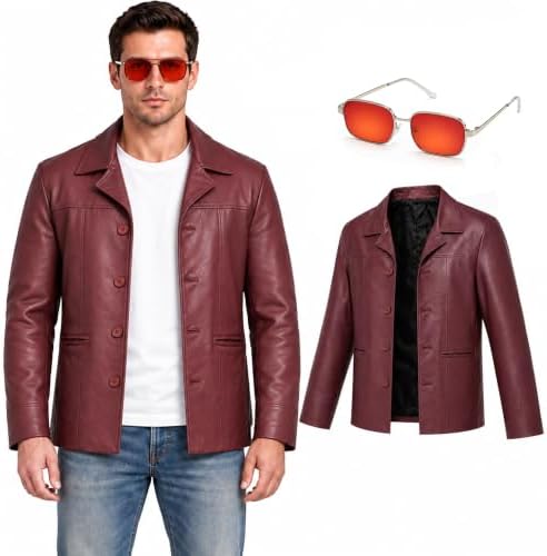 Red Leather Jacket Men with Glasses Halloween Costumes for Men