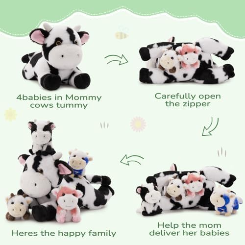 MorisMos Cow Stuffed Animals, 16" Mommy Cow with 4 Babies