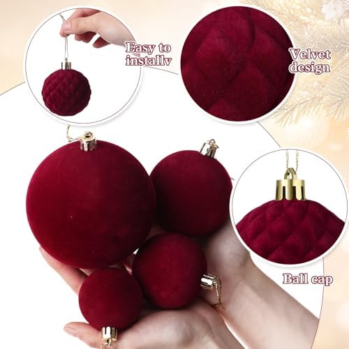 Hollowfly 95 PCS Velvet Christmas Tree Decor Set, Burgundy