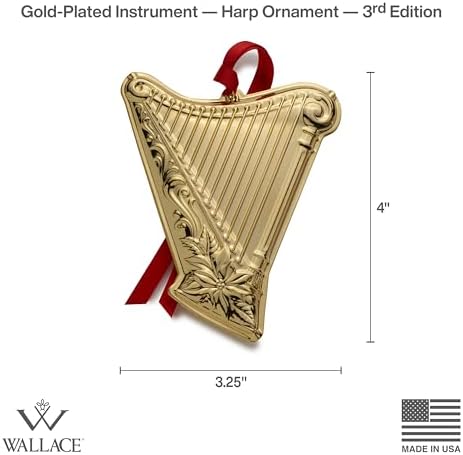 Wallace Gold-Plated Harp Instrument Ornament 3rd Edition - Annual Collectible Holiday Tree Decoration, Handcrafted in USA, Comes in Gift Box with Velvet Pouch and Ribbon
