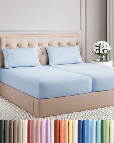 Split King Size 5 Piece Sheet Set - Breathable & Cooling Sheets - Sky Blue
