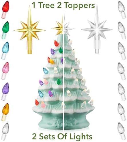 Casafield Hand Painted Ceramic Christmas Tree, Seafoam Snow Flocked 12-Inch Pre-Lit Tree with 100 Multi Color Lights and 2 Star Toppers