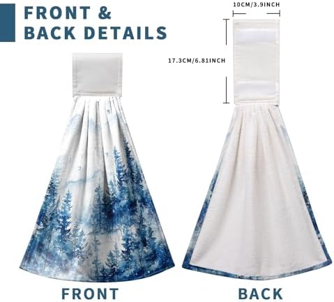 Blue Misty Forest Hanging Hand Towels Set of 2 Winter Nature Pine Trees Mountain Kitchen Towels with Hanging Loop Rustic Farmhouse Hand Towels Super Absorbent Soft Dish Tie Towel Tea Towel