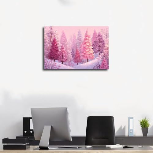JDBeehpy Snowy Wall Art Pink Pine Forest Canvas Prints Framed 24x36inch