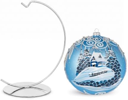 Hand Blown Glass Christmas Ornaments Ball, Wonderland Blue 8 in + Stand