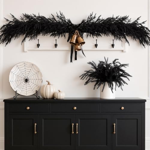 12Pcs Black Norfolk Pine Stems, Real Touch Halloween Christmas Decorations