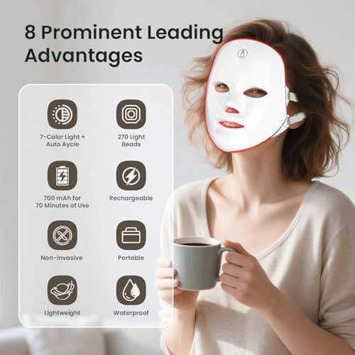 SUERBEATY Red Light Mask For Face, 7-1 Colors Red Light Face Mask, Facial Skincare At Home, Cordless, Portable and Rechargeable
