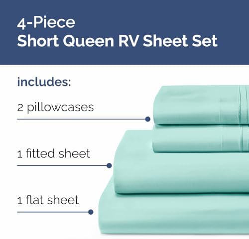 Short Queen Size 4 Piece Bed Sheet Set - RV Short Queen Sheets - Spa Blue