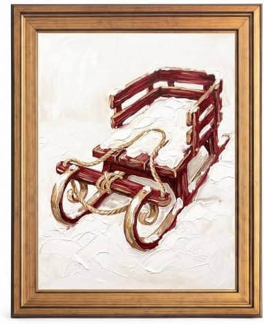 Framed Canvas Wall Art Painterly Rustic Sled Red Wood and White Snow Canvas Print Poster Gold Frame Wall Decor for Living Room Holiday Decoration, Cozy Home Art - Inch 24x36