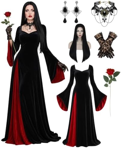 Aileam Morticia Addams Costume Halloween Morticia Addams Dress Gothic Witch Costume Women Velvet Black Outfit Cosplay Party