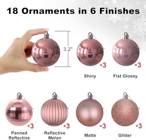 Rose Gold 3.2" Large Christmas Balls - Christmas Tree Decoration Ornaments Shatterproof Hanging Balls for Birthday Halloween Holiday Wedding Decorations Set of 18pcs