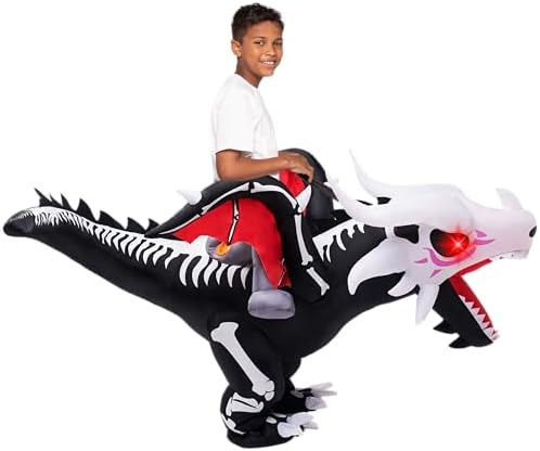 Spooktacular Creations Halloween Dragon Skeleton Inflatable Costume Kids, LED Light Eye Ride on Skeleton Dinosaur Blowup Suit