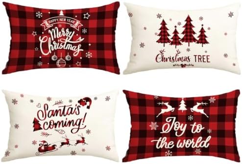 Plaid Christmas Pillow Covers 20x12 Buffalo Check Set of 4 Red Black Christmas Decorations Farmhouse Throw Pillow Covers Winter Holiday Linen Cushion Case for Home Sofa Couch Bed Chair