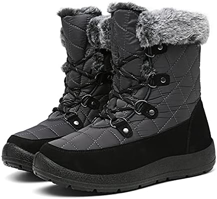 JSWEI Winter Boots for Women - Soft Comfortable Faux Fur Mid Calf Winter Snow Boots Totes Boots Lace up Snow Boots Winter Boots with Insulated Black for Outdoor