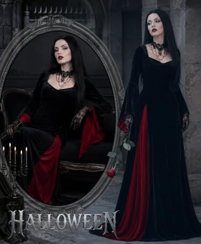 Aileam Morticia Addams Costume Halloween Morticia Addams Dress Gothic Witch Costume Women Velvet Black Outfit Cosplay Party