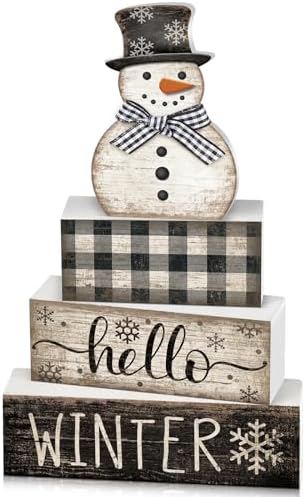 Moucuny 4 Pcs Winter Snowman Tiered Tray Decor Wooden Block Signs