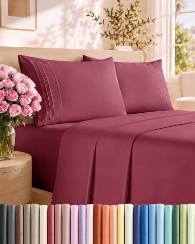 Queen Size 4 Piece Sheet Set - Comfy Breathable & Cooling Sheets - Burgundy