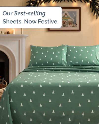 Christmas Sheet Set, Sage Pine Trees, Holiday Xmas Bedding Set - King Size