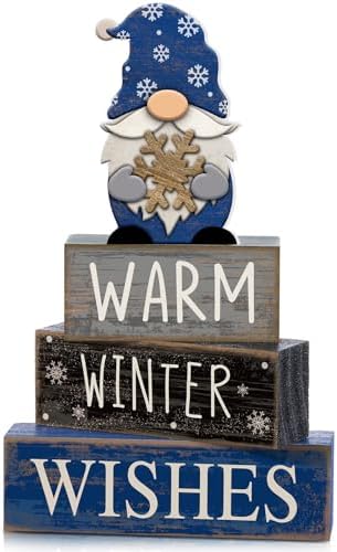 Lineshading 4 Pcs Winter Gnome Wooden Sign Blue Tiered Tray Decor Farmhouse
